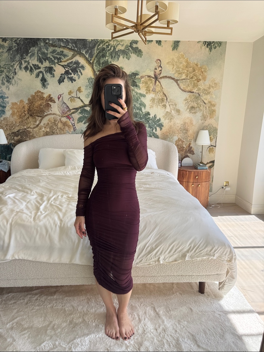 SER.O.YA One-Shoulder Long Sleeve Ruched Midi Dress in Burgundy